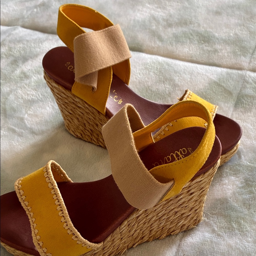 Altar'd State Mustard and Beige Wedge Sandals